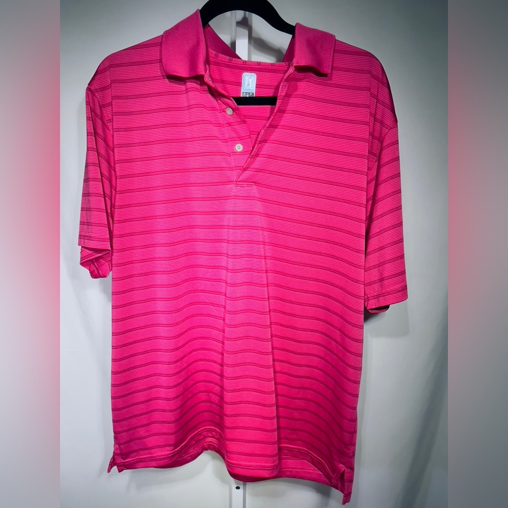 PGA Tour Mens Shirt Polo Large Pink Stripe Shirt Golfcore Tenniscore Athleisure